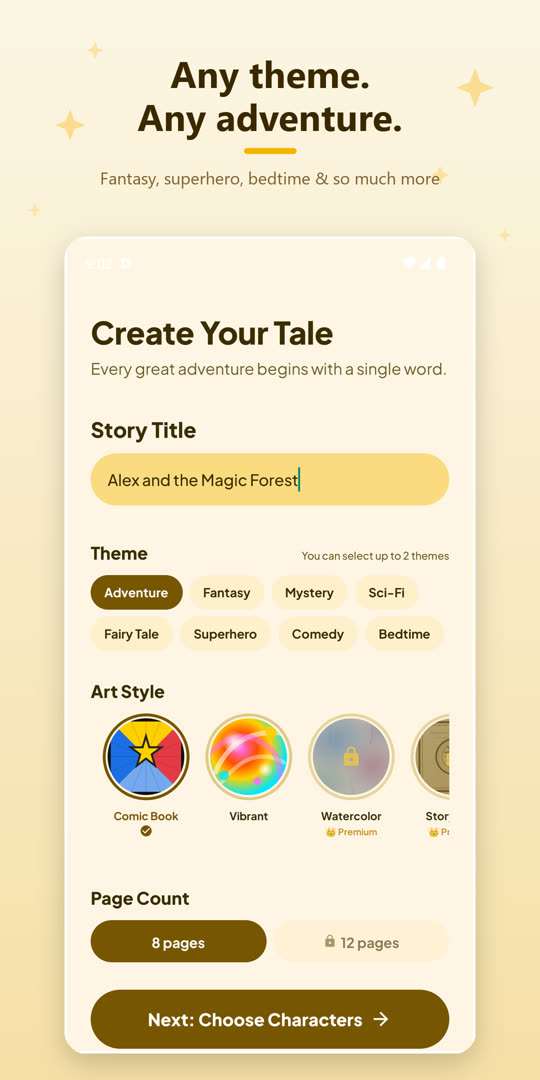 Choose a theme and art style to create your tale